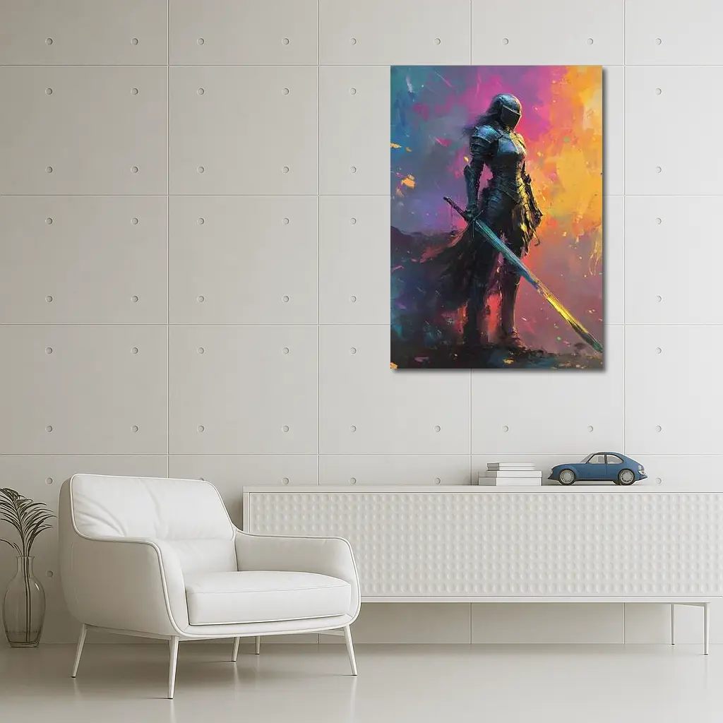 Armored Female Knight Sword Colorful Abstract Background – Wall Art