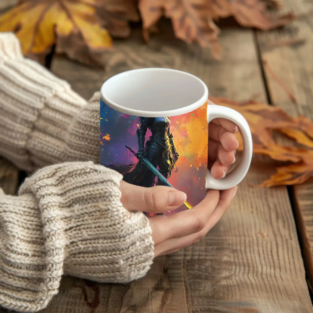 Armored Female Knight Sword Colorful Abstract Background – Mugs