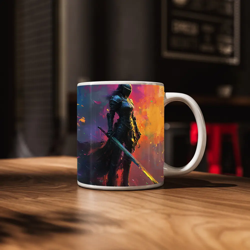 Armored Female Knight Sword Colorful Abstract Background – Mugs