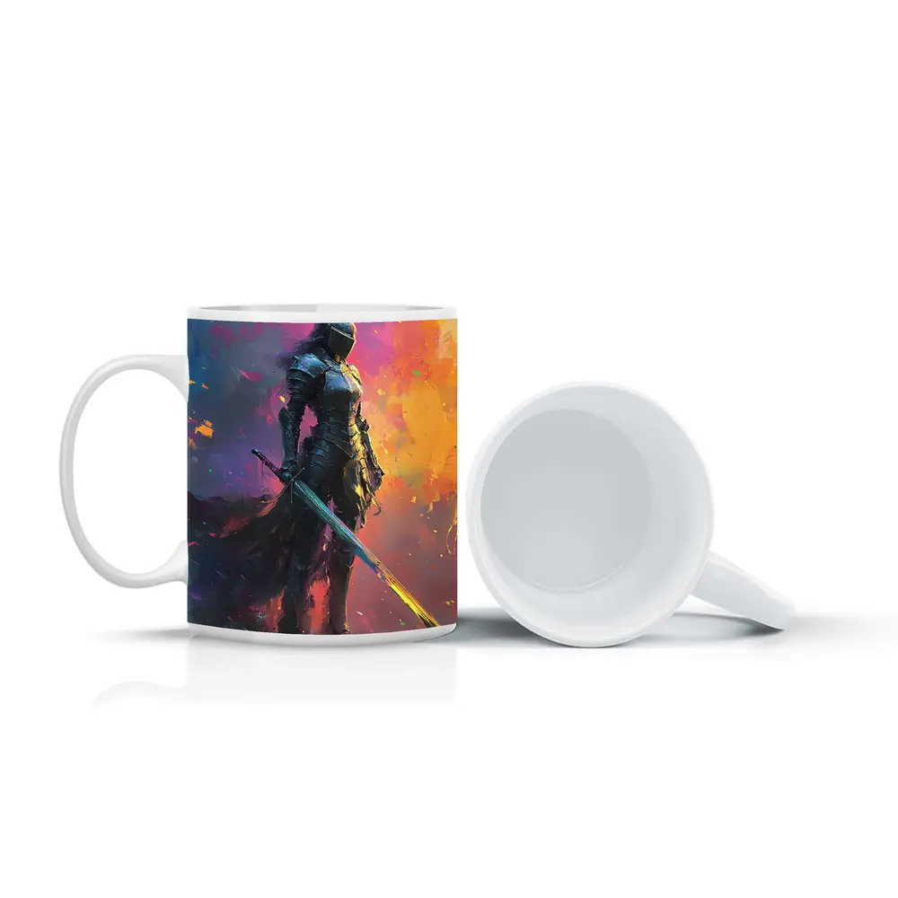 Armored Female Knight Sword Colorful Abstract Background – Mugs