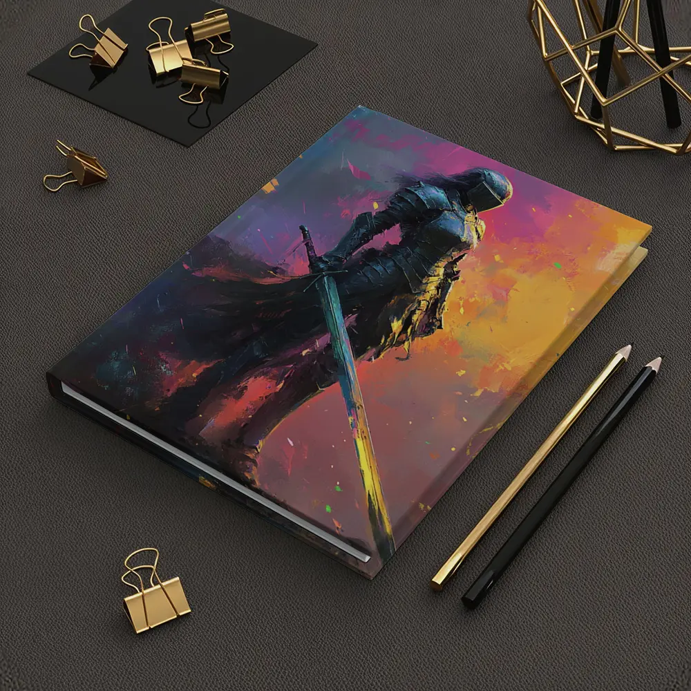 Armored Female Knight Sword Colorful Abstract Background – Notebooks