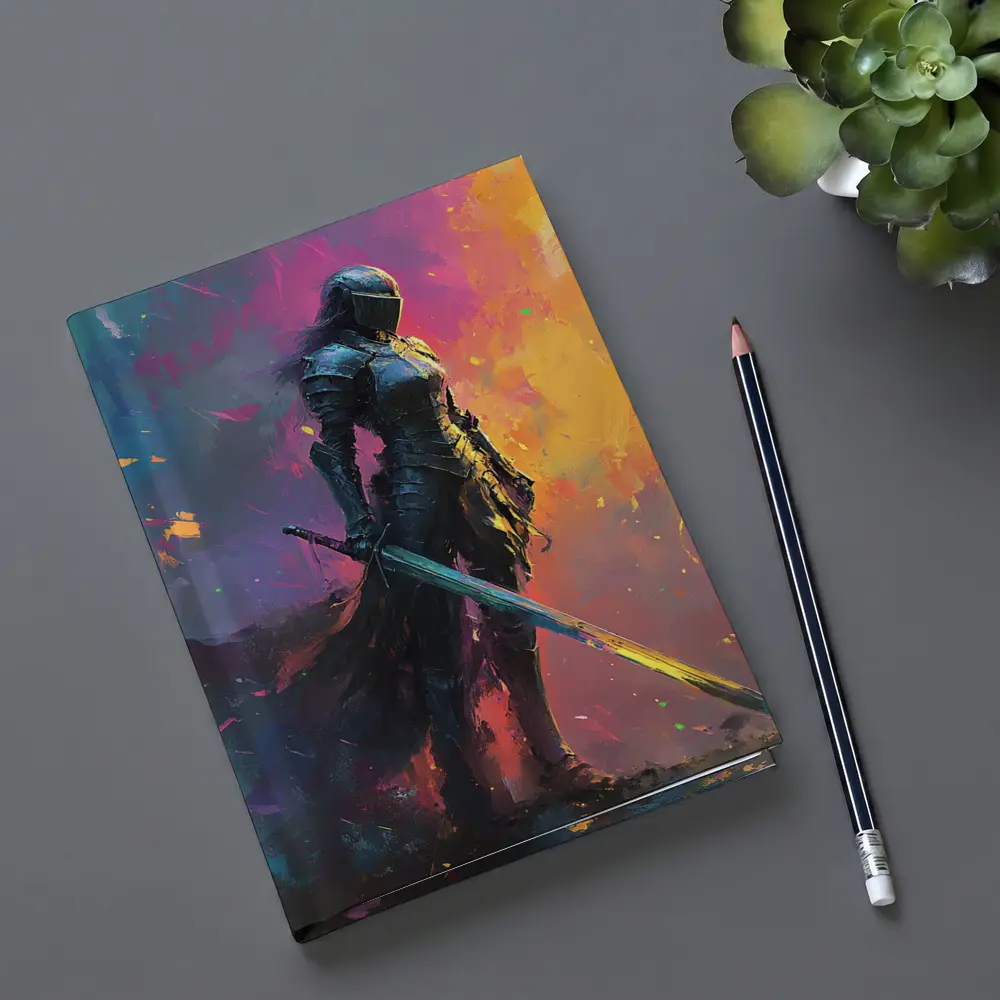 Armored Female Knight Sword Colorful Abstract Background – Notebooks
