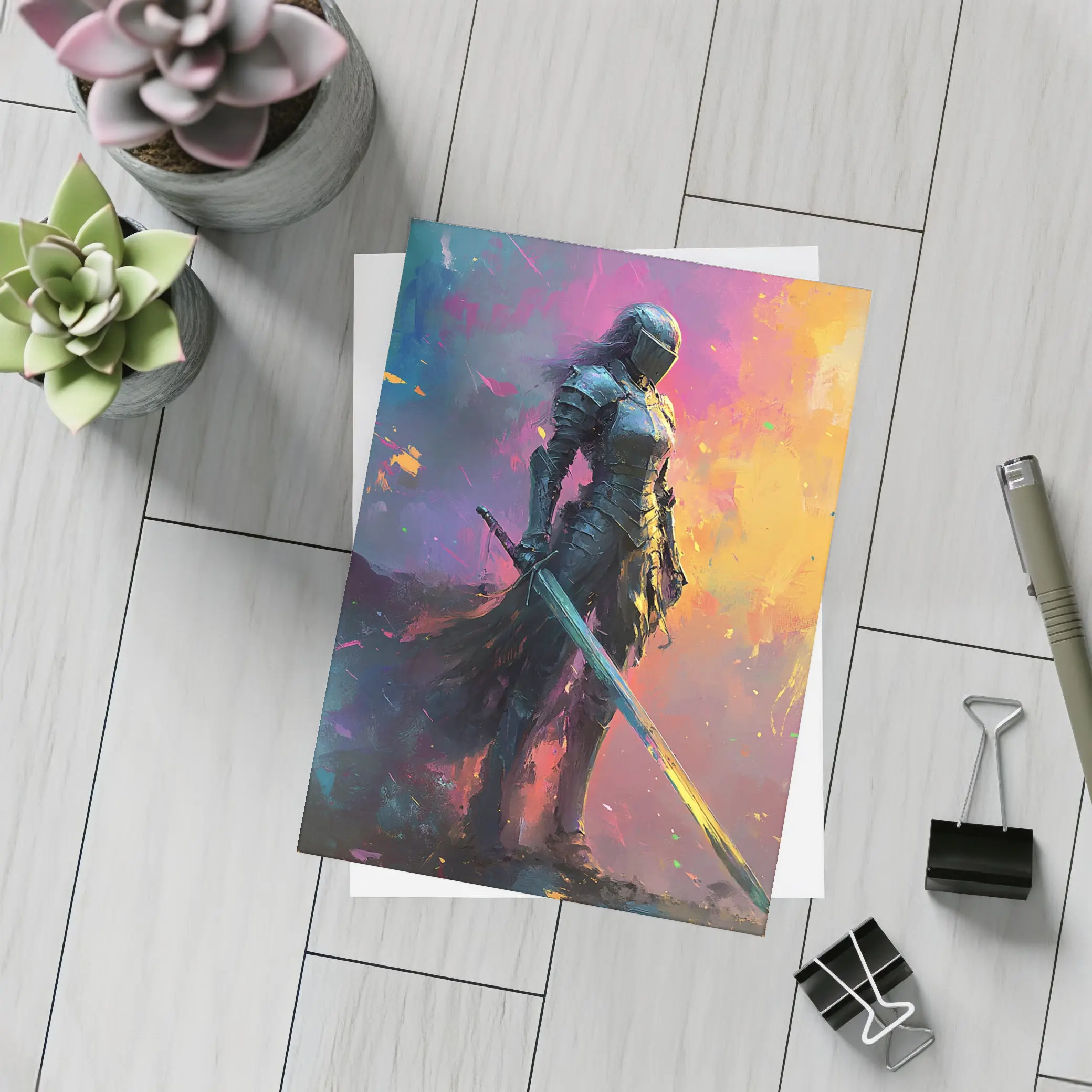 Armored Female Knight Sword Colorful Abstract Background – Postcards
