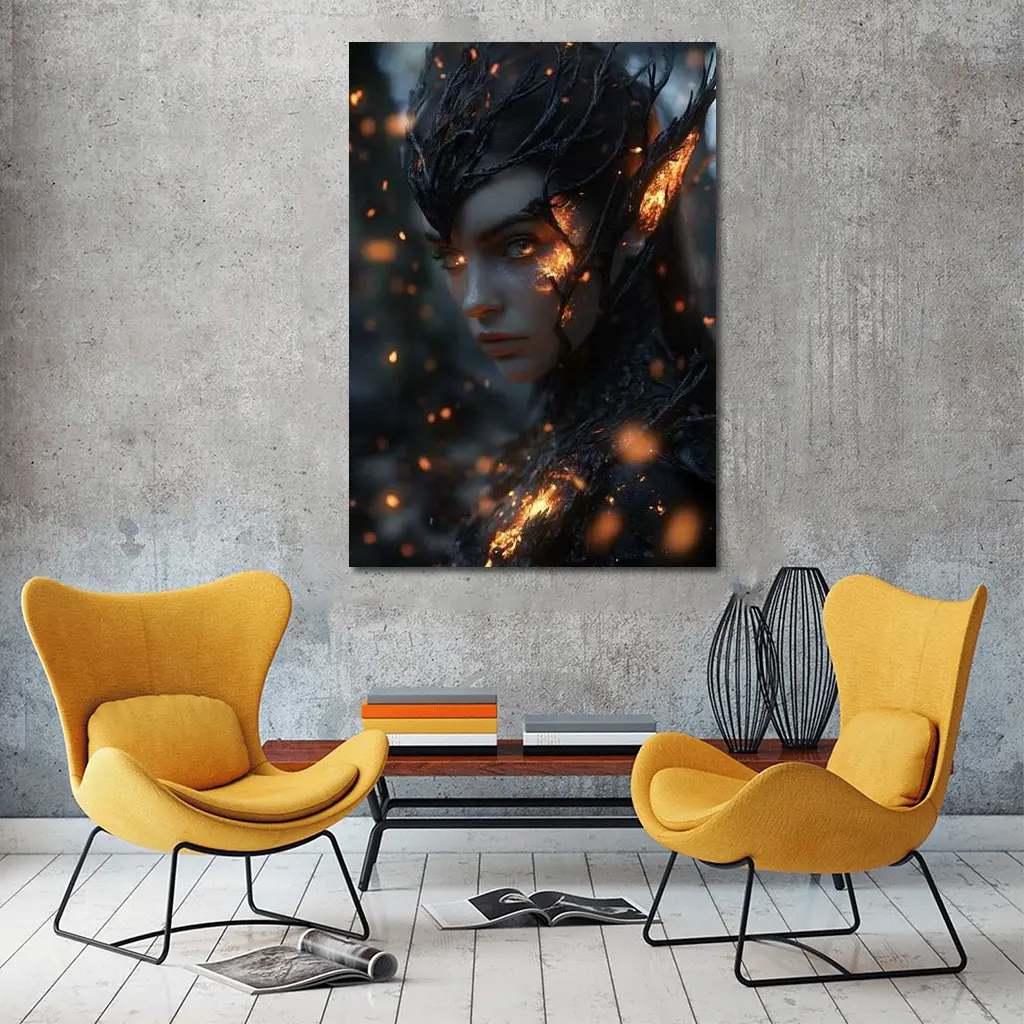 Dark Elf Fantasy Portrait Glowing Embers Forest – Wall Art