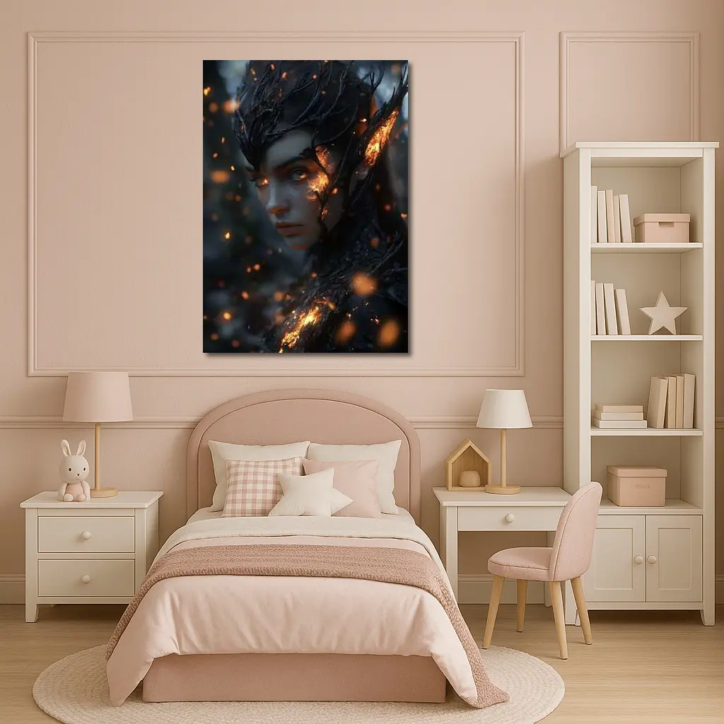 Dark Elf Fantasy Portrait Glowing Embers Forest – Wall Art