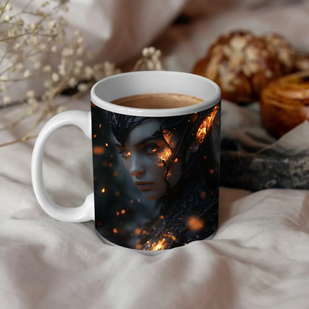 Dark Elf Fantasy Portrait Glowing Embers Forest – Mugs