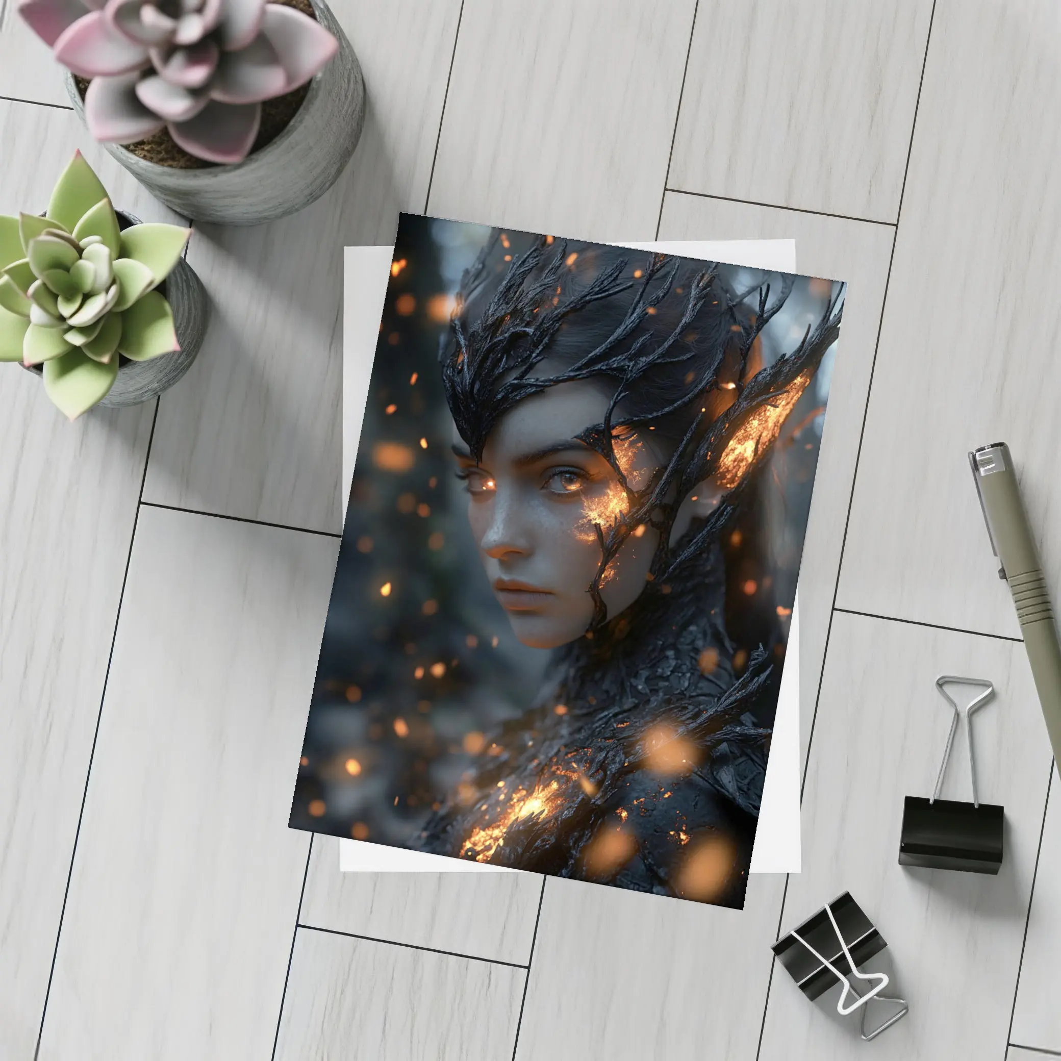Dark Elf Fantasy Portrait Glowing Embers Forest – Postcards