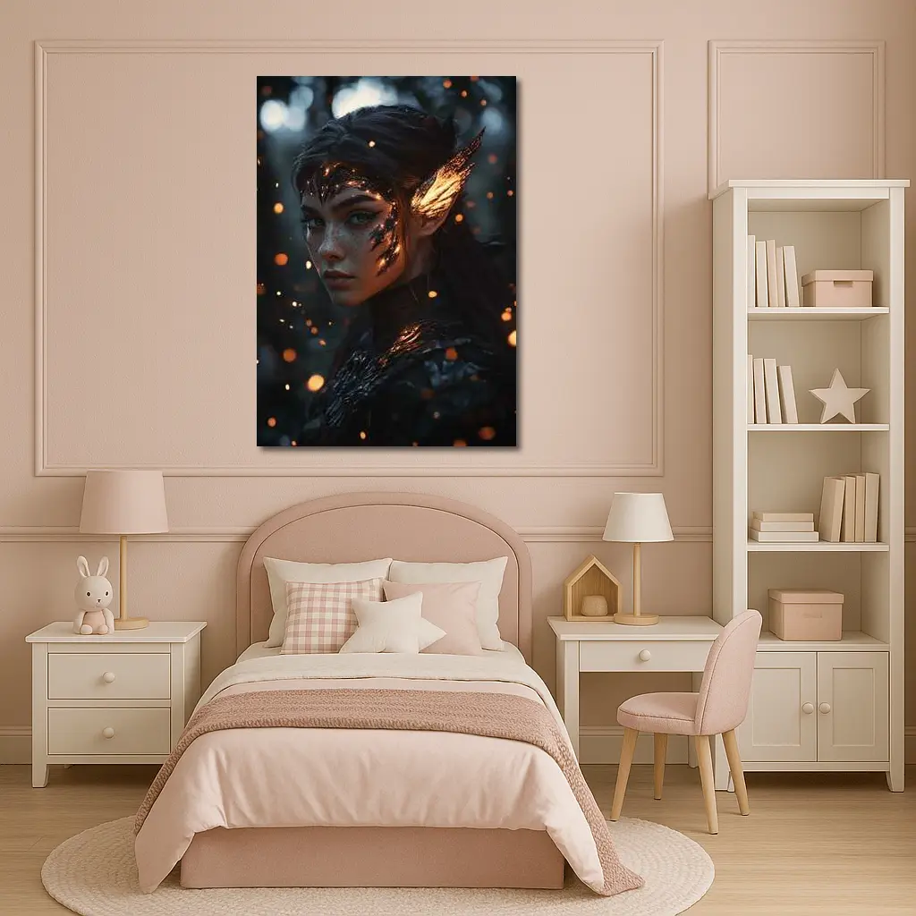 Dark Elf Fantasy Portrait Glowing Forest Night – Wall Art