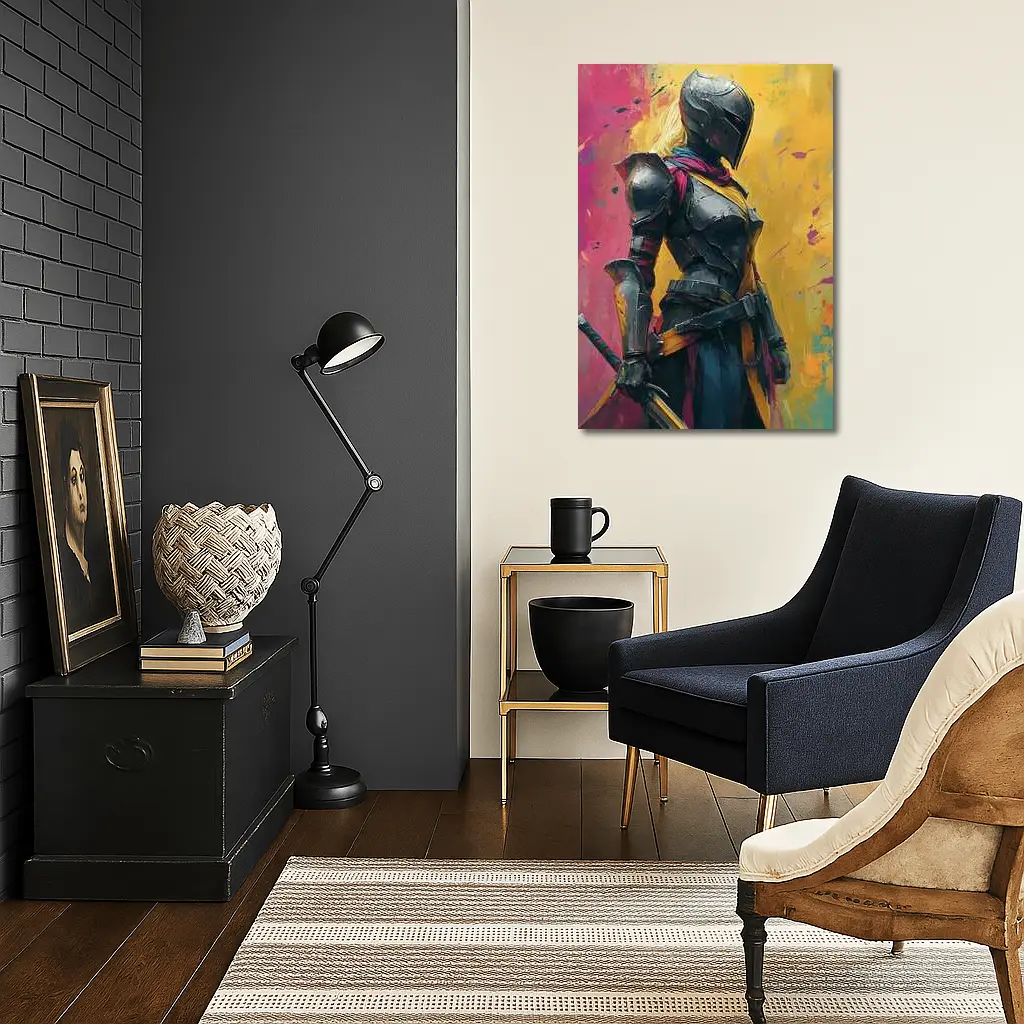 Female Knight Dark Armor Colorful Paint Background – Wall Art