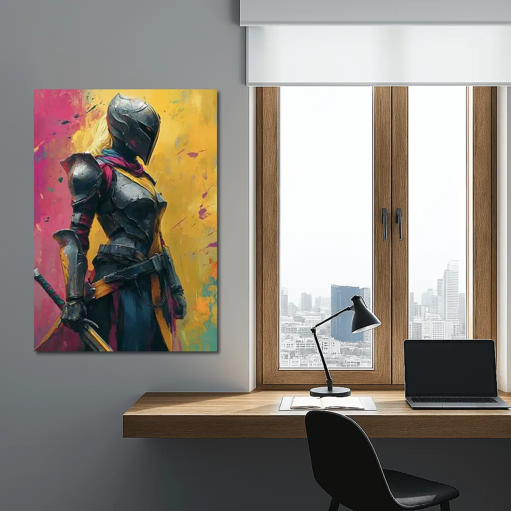 Female Knight Dark Armor Colorful Paint Background – Wall Art