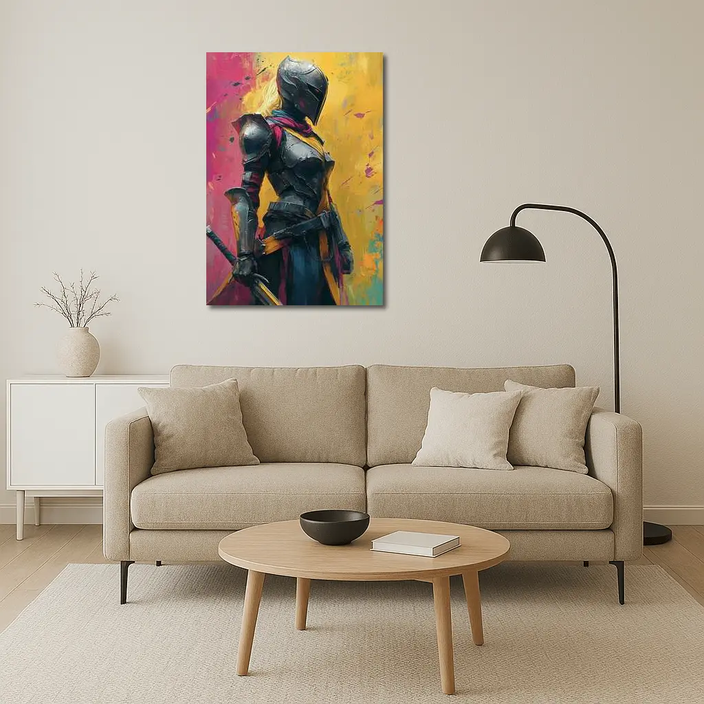 Female Knight Dark Armor Colorful Paint Background – Wall Art