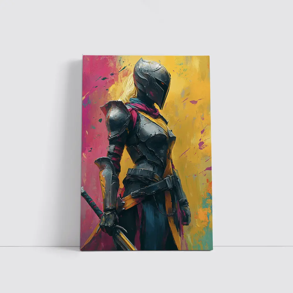 Female Knight Dark Armor Colorful Paint Background – Wall Art