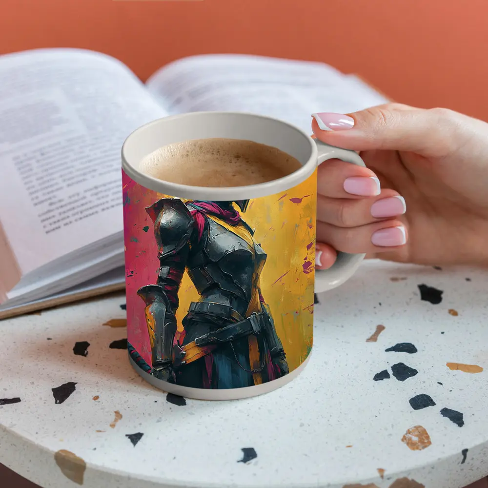 Female Knight Dark Armor Colorful Paint Background – Mugs