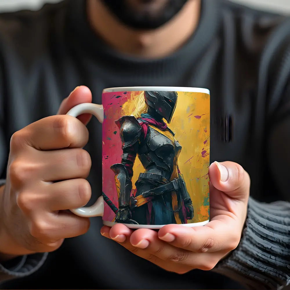 Female Knight Dark Armor Colorful Paint Background – Mugs