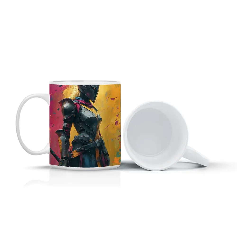 Female Knight Dark Armor Colorful Paint Background – Mugs