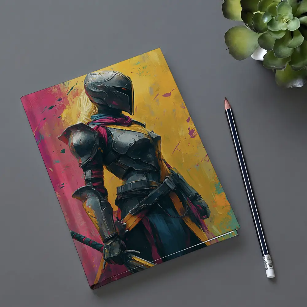 Female Knight Dark Armor Colorful Paint Background – Notebooks