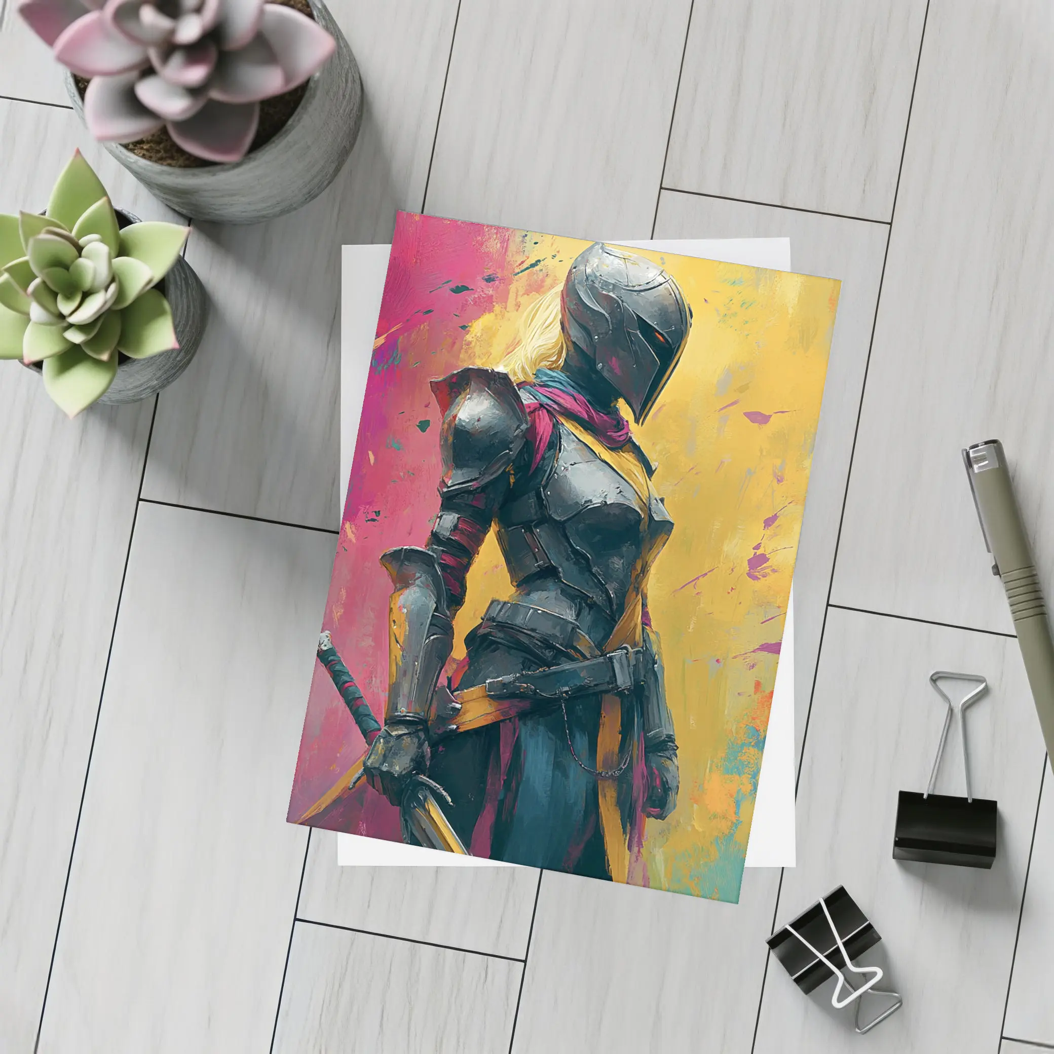 Female Knight Dark Armor Colorful Paint Background – Postcards