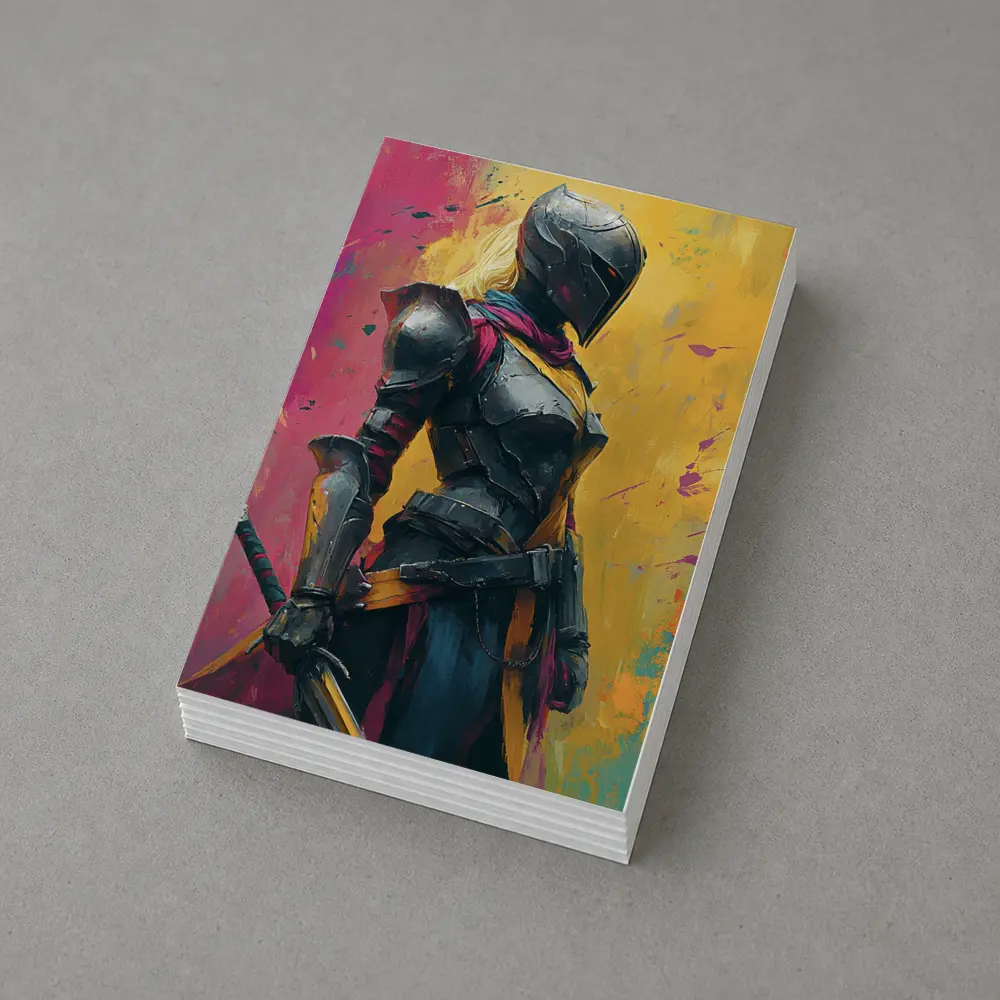 Female Knight Dark Armor Colorful Paint Background – Postcards