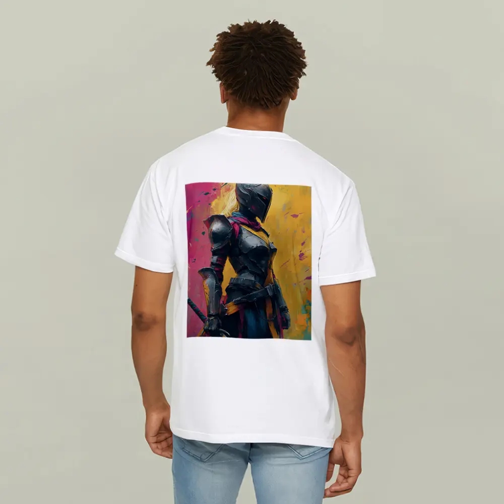 Female Knight Dark Armor Colorful Paint Background – T-Shirts