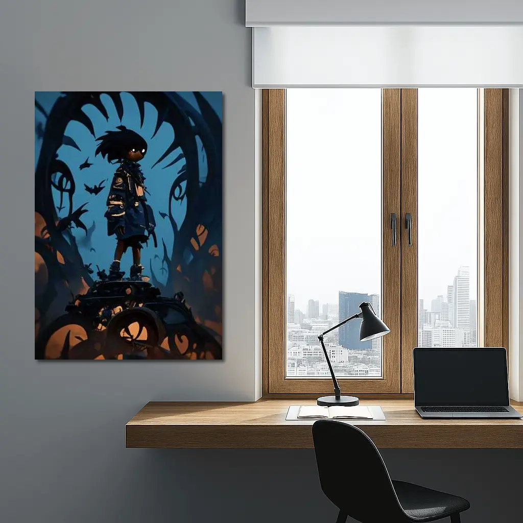 Anime Boy Standing Dark Fantasy Creature Background – Wall Art