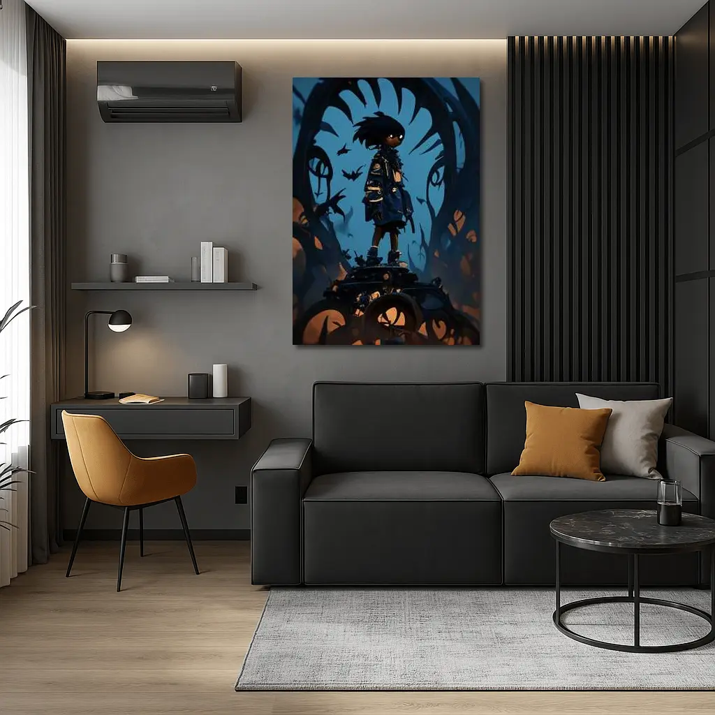 Anime Boy Standing Dark Fantasy Creature Background – Wall Art