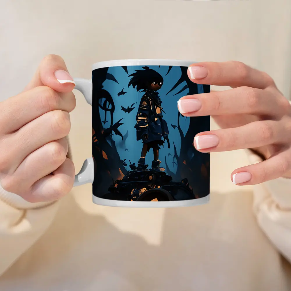 Anime Boy Standing Dark Fantasy Creature Background – Mugs
