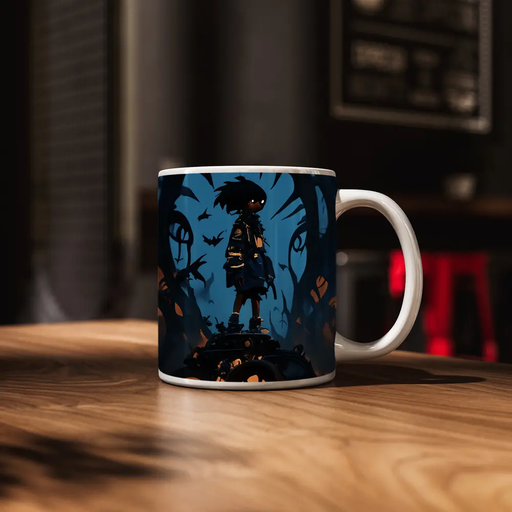 Anime Boy Standing Dark Fantasy Creature Background – Mugs