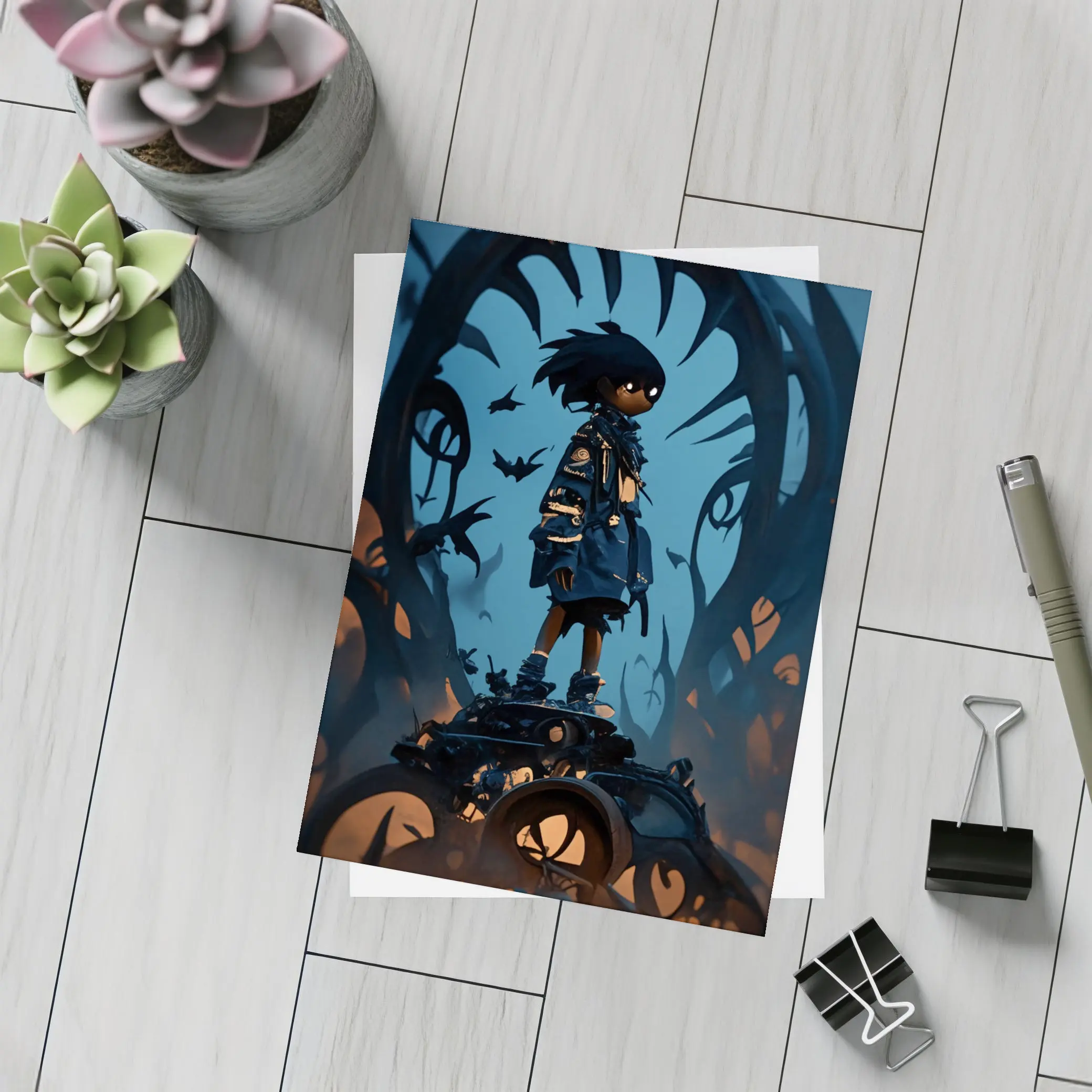 Anime Boy Standing Dark Fantasy Creature Background – Postcards
