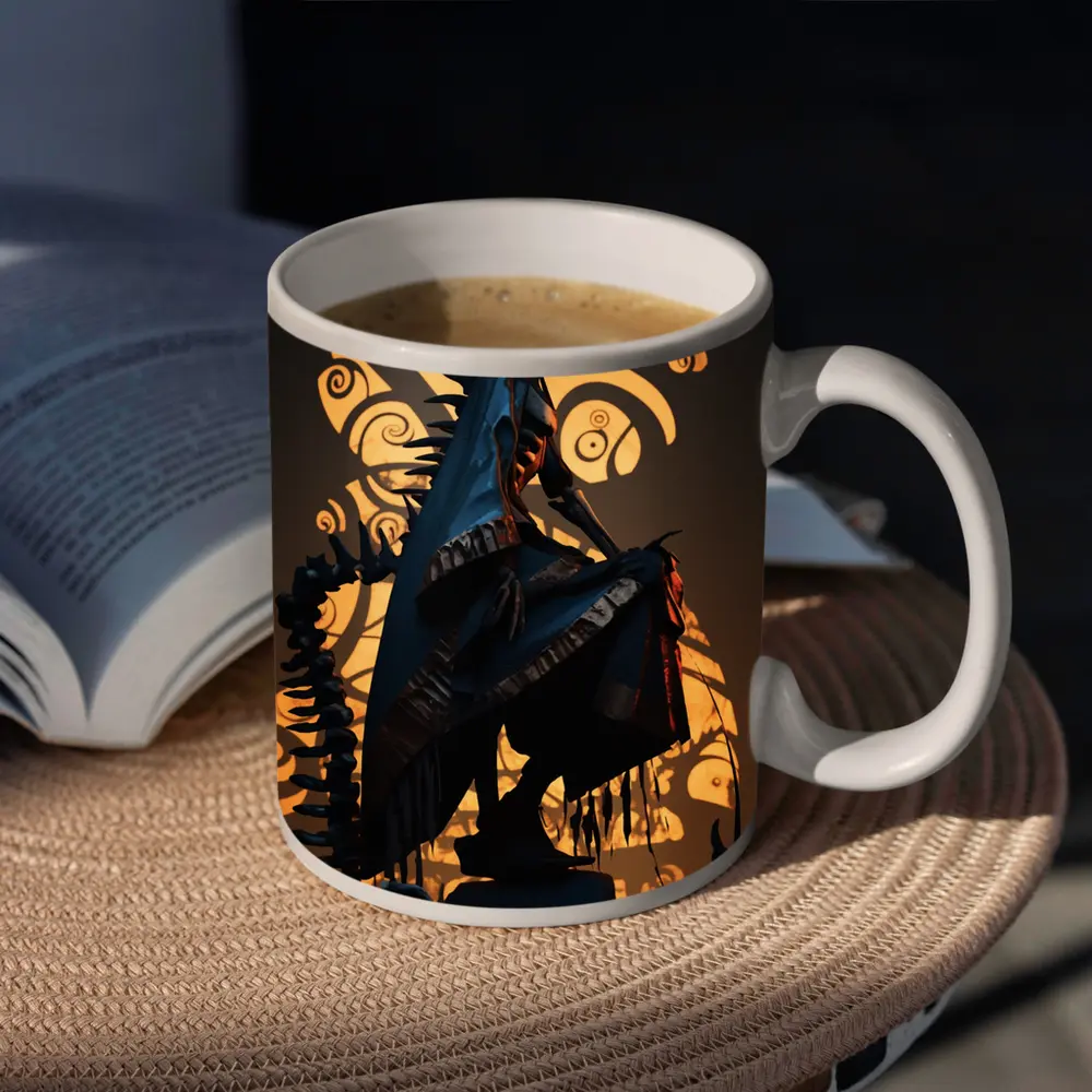 Dark Warrior Figure With Glowing Shadow Art – Mugs