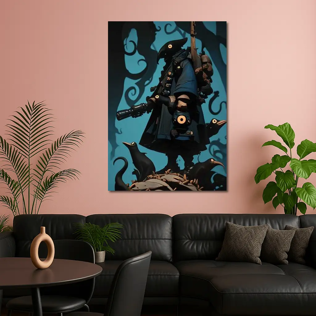 Dark Crow Gunslinger Figure Blue Swirling Background – Wall Art