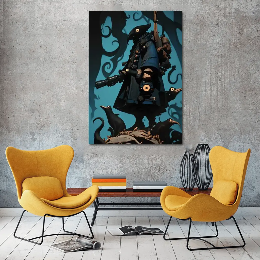 Dark Crow Gunslinger Figure Blue Swirling Background – Wall Art