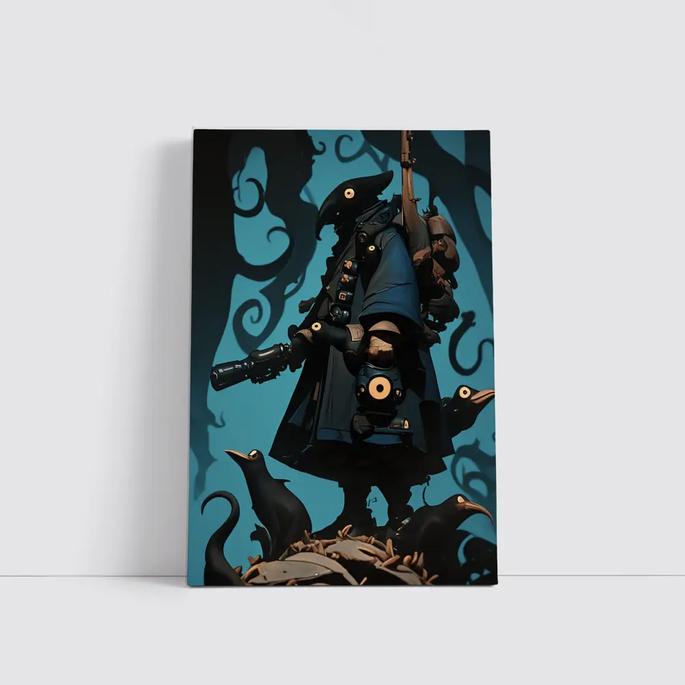 Dark Crow Gunslinger Figure Blue Swirling Background – Wall Art