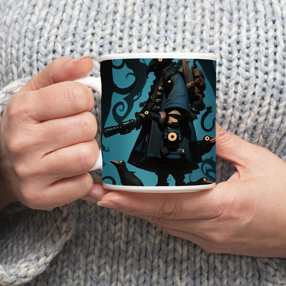 Dark Crow Gunslinger Figure Blue Swirling Background – Mugs