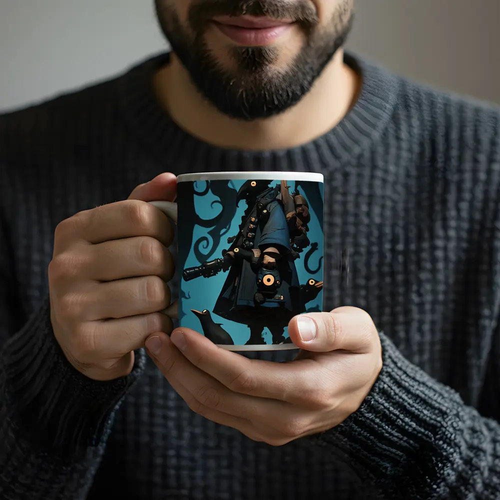 Dark Crow Gunslinger Figure Blue Swirling Background – Mugs