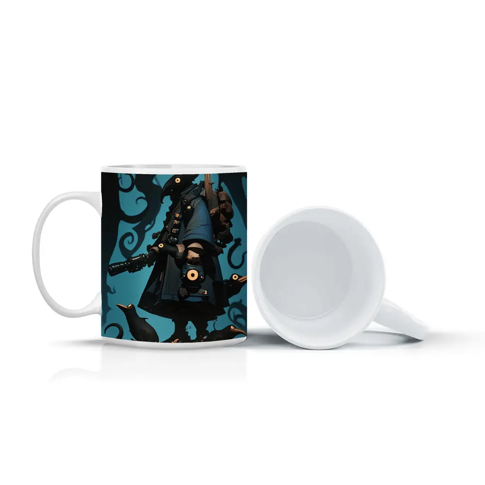 Dark Crow Gunslinger Figure Blue Swirling Background – Mugs