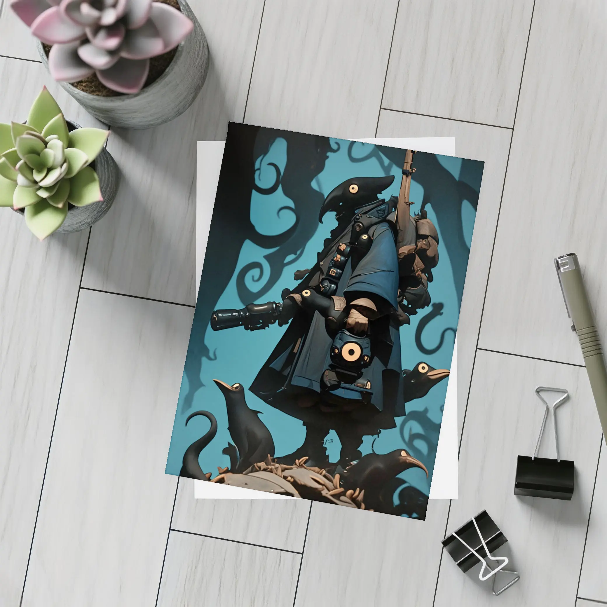 Dark Crow Gunslinger Figure Blue Swirling Background – Postcards