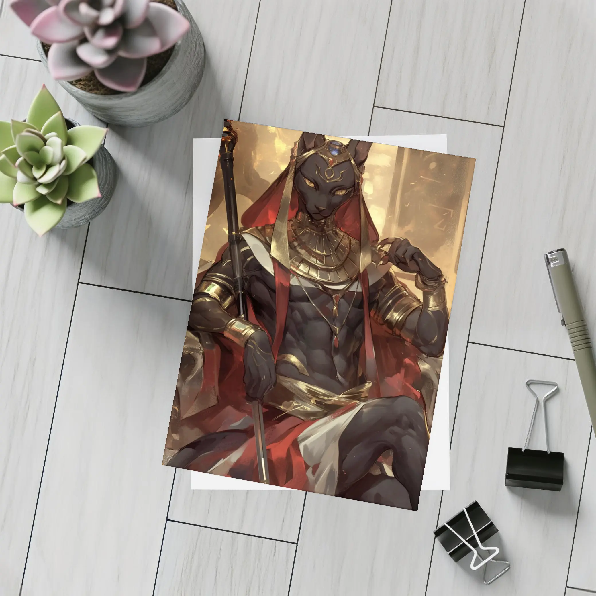 Egyptian Cat God Golden Throne Fantasy Art – Postcards
