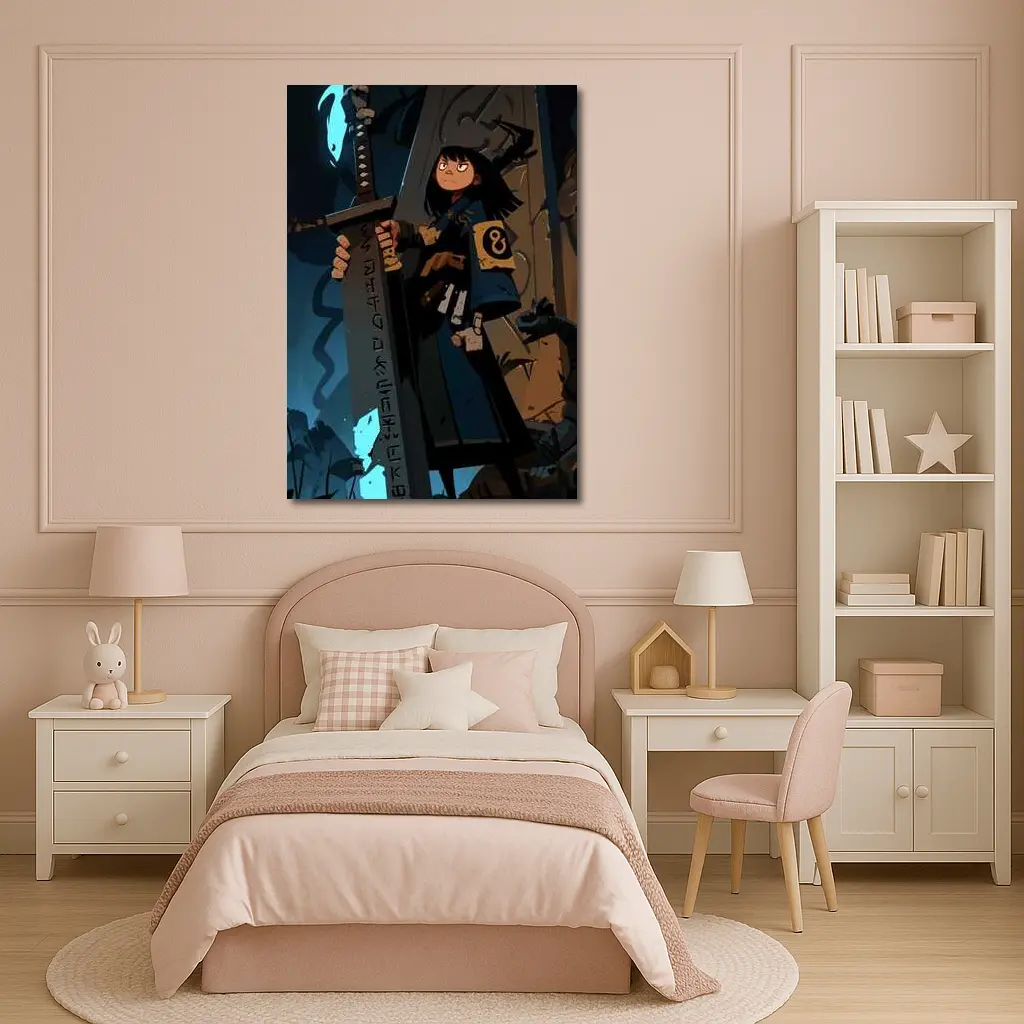 Anime Warrior Girl Holding Ancient Rune Sword – Wall Art