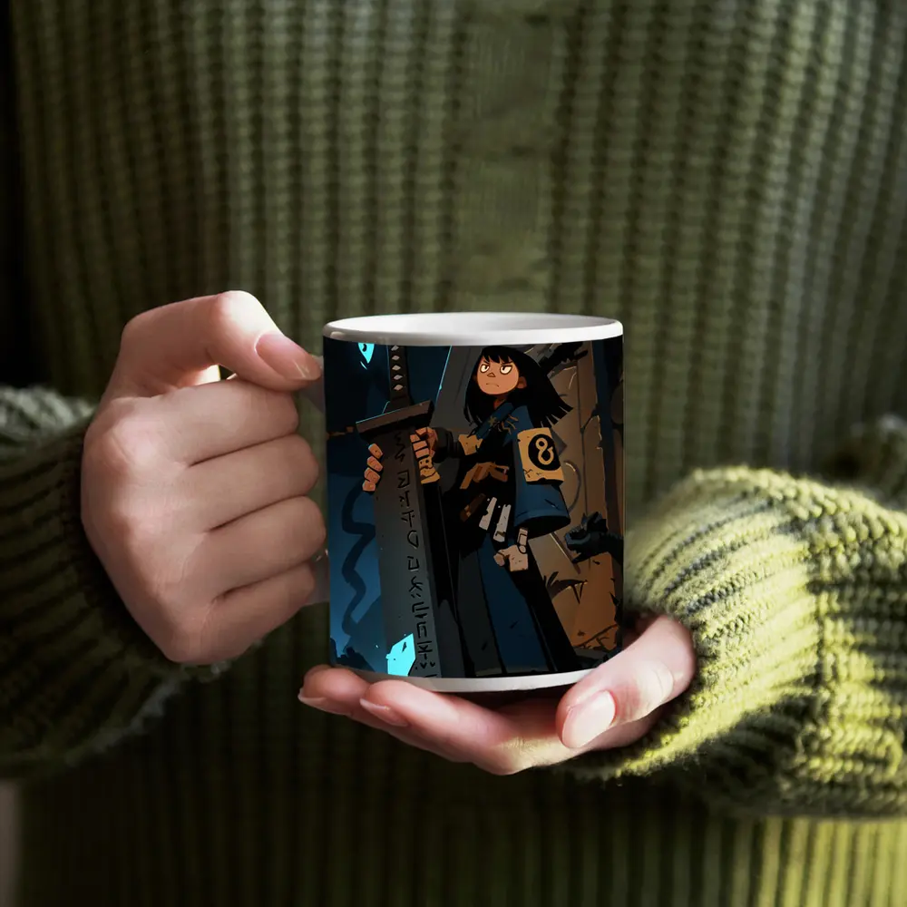 Anime Warrior Girl Holding Ancient Rune Sword – Mugs