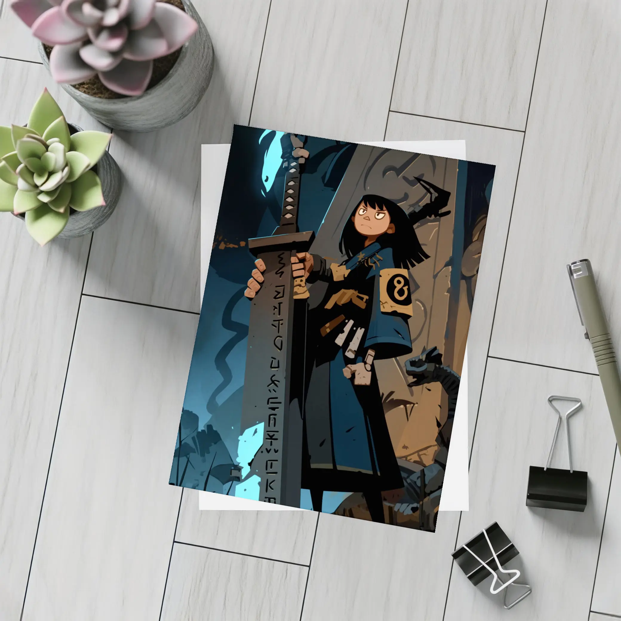 Anime Warrior Girl Holding Ancient Rune Sword – Postcards