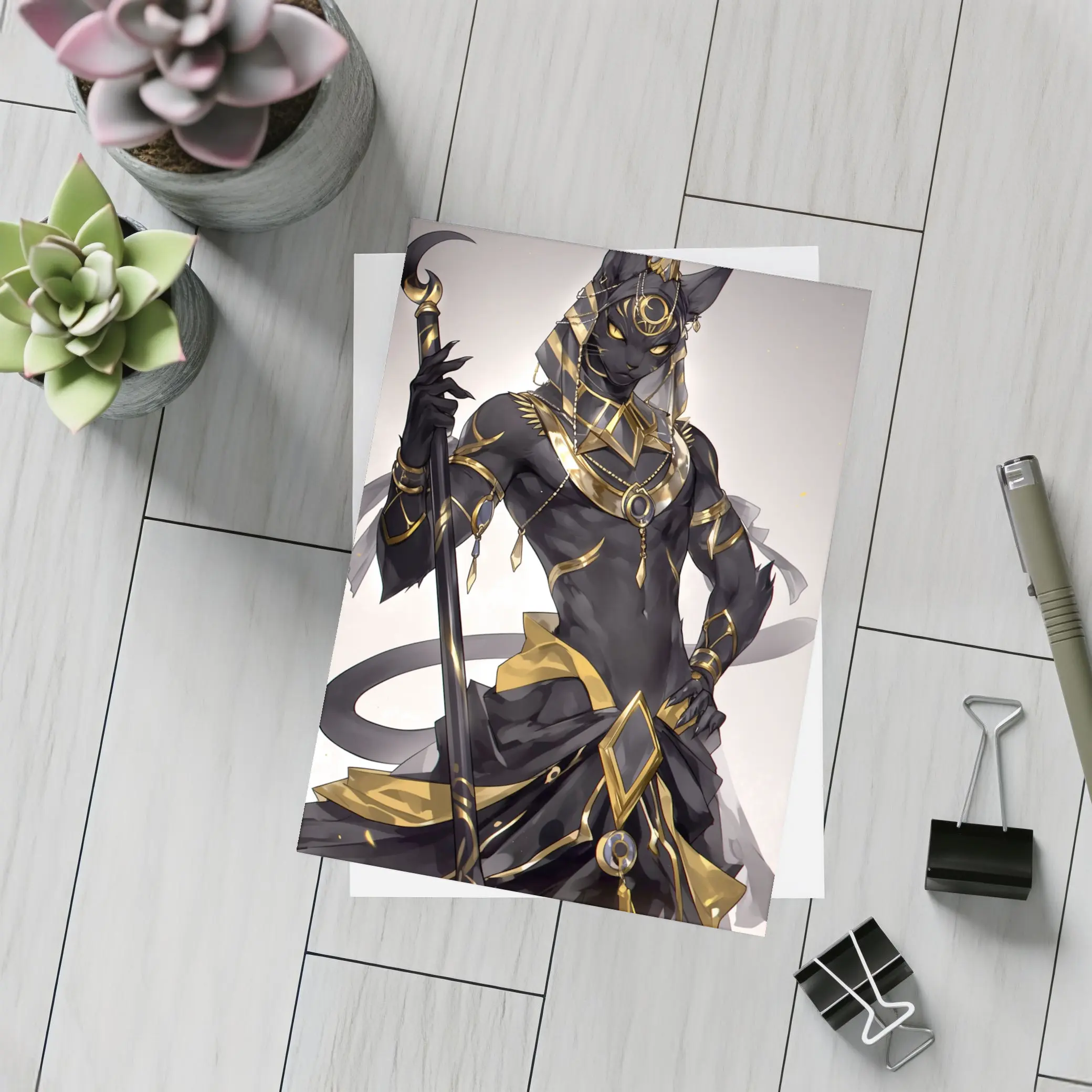 Anime Egyptian Cat God Black Gold – Postcards