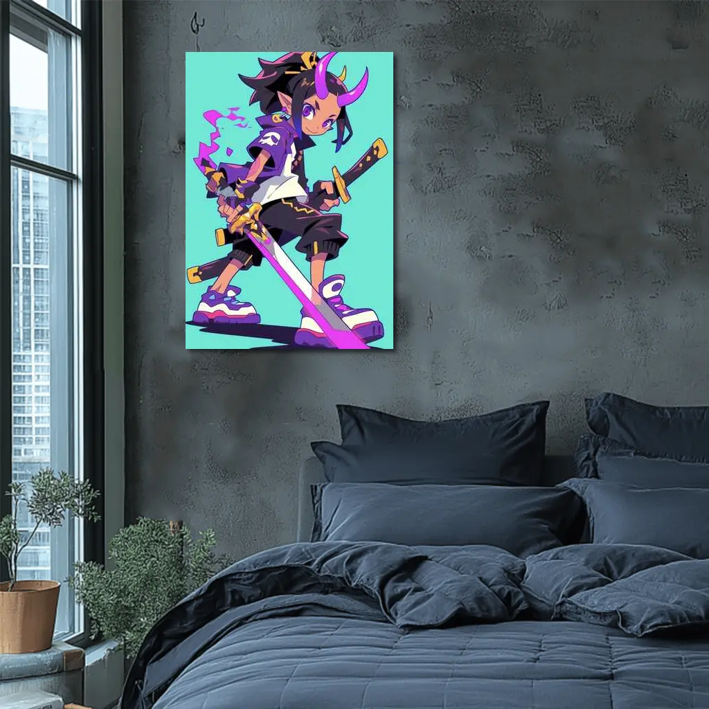 Anime Demon Girl Sword Fighter Teal Background – Wall Art