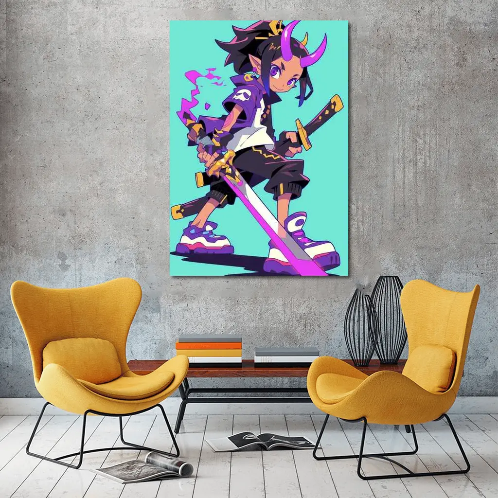 Anime Demon Girl Sword Fighter Teal Background – Wall Art