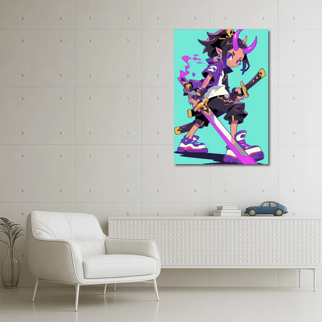 Anime Demon Girl Sword Fighter Teal Background – Wall Art