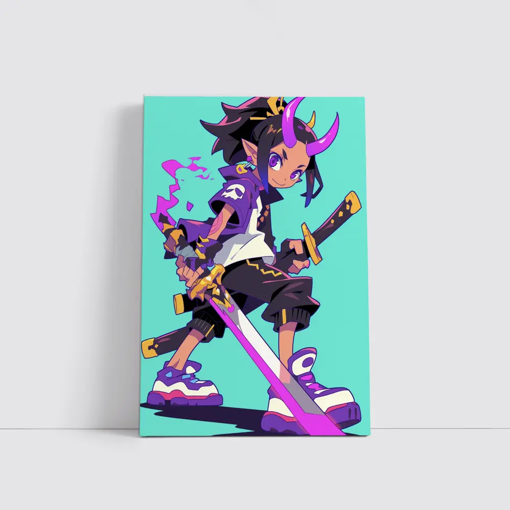 Anime Demon Girl Sword Fighter Teal Background – Wall Art