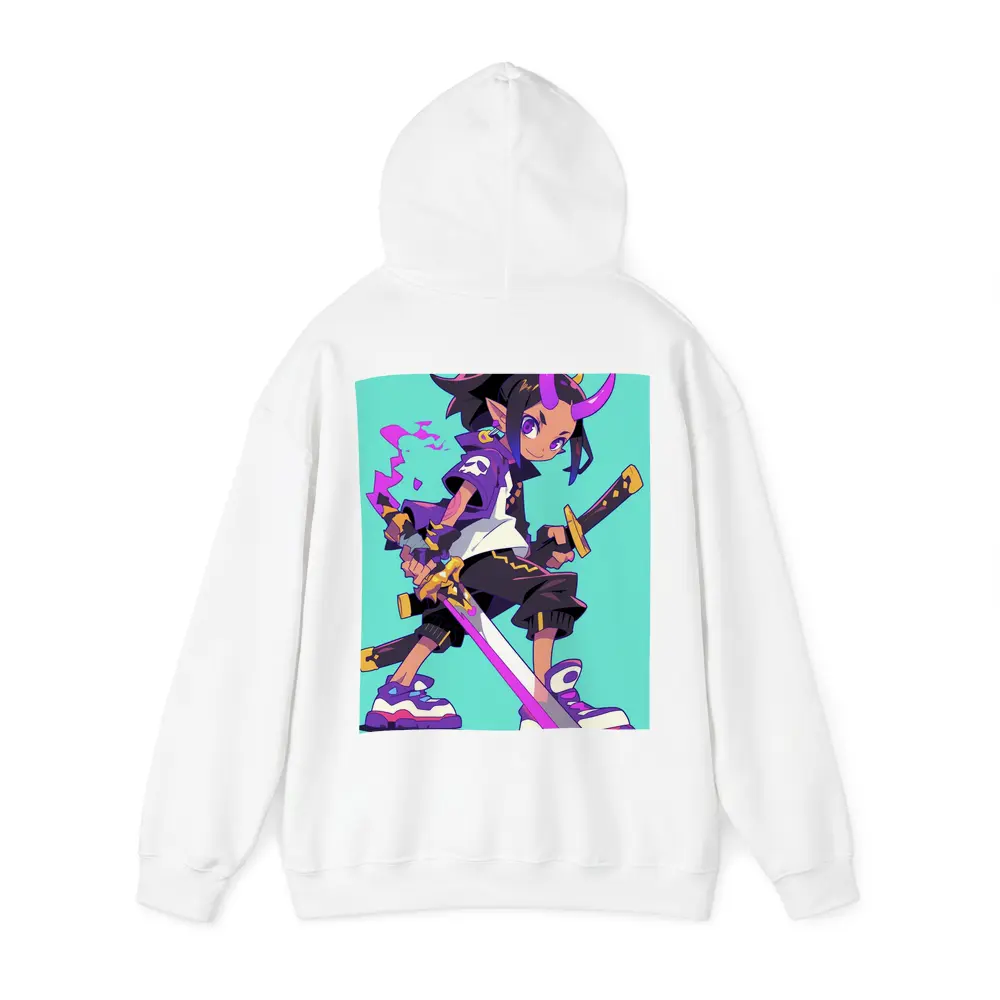 Anime Demon Girl Sword Fighter Teal Background – Hoodies