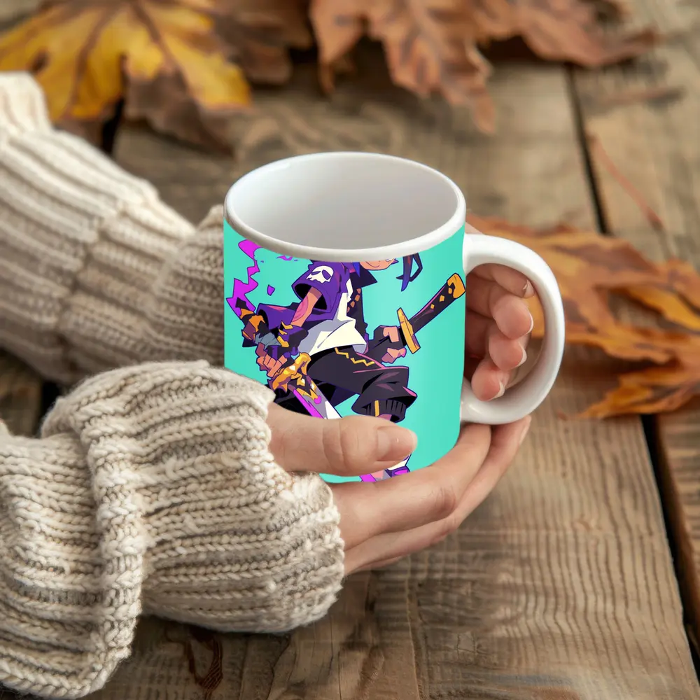 Anime Demon Girl Sword Fighter Teal Background – Mugs