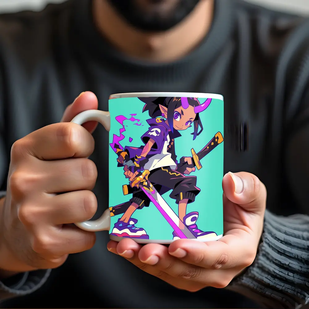 Anime Demon Girl Sword Fighter Teal Background – Mugs