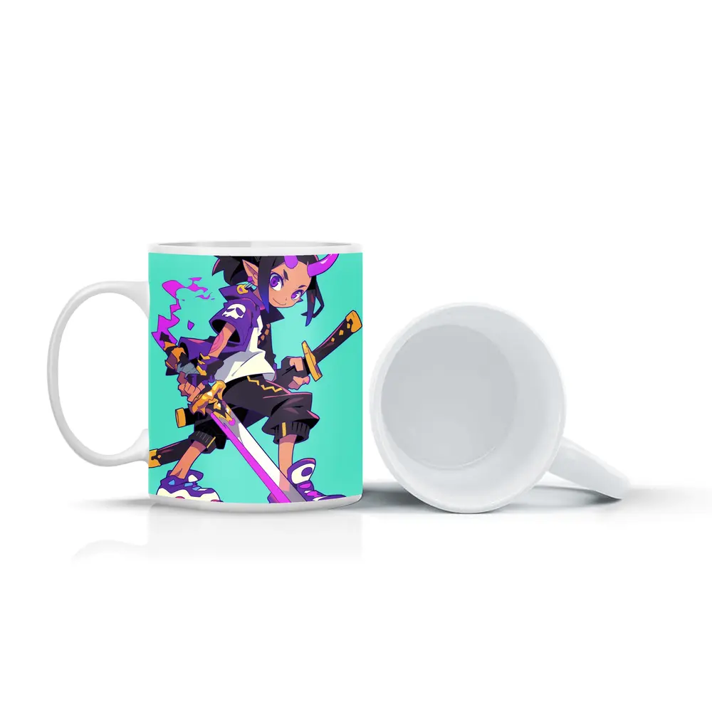 Anime Demon Girl Sword Fighter Teal Background – Mugs