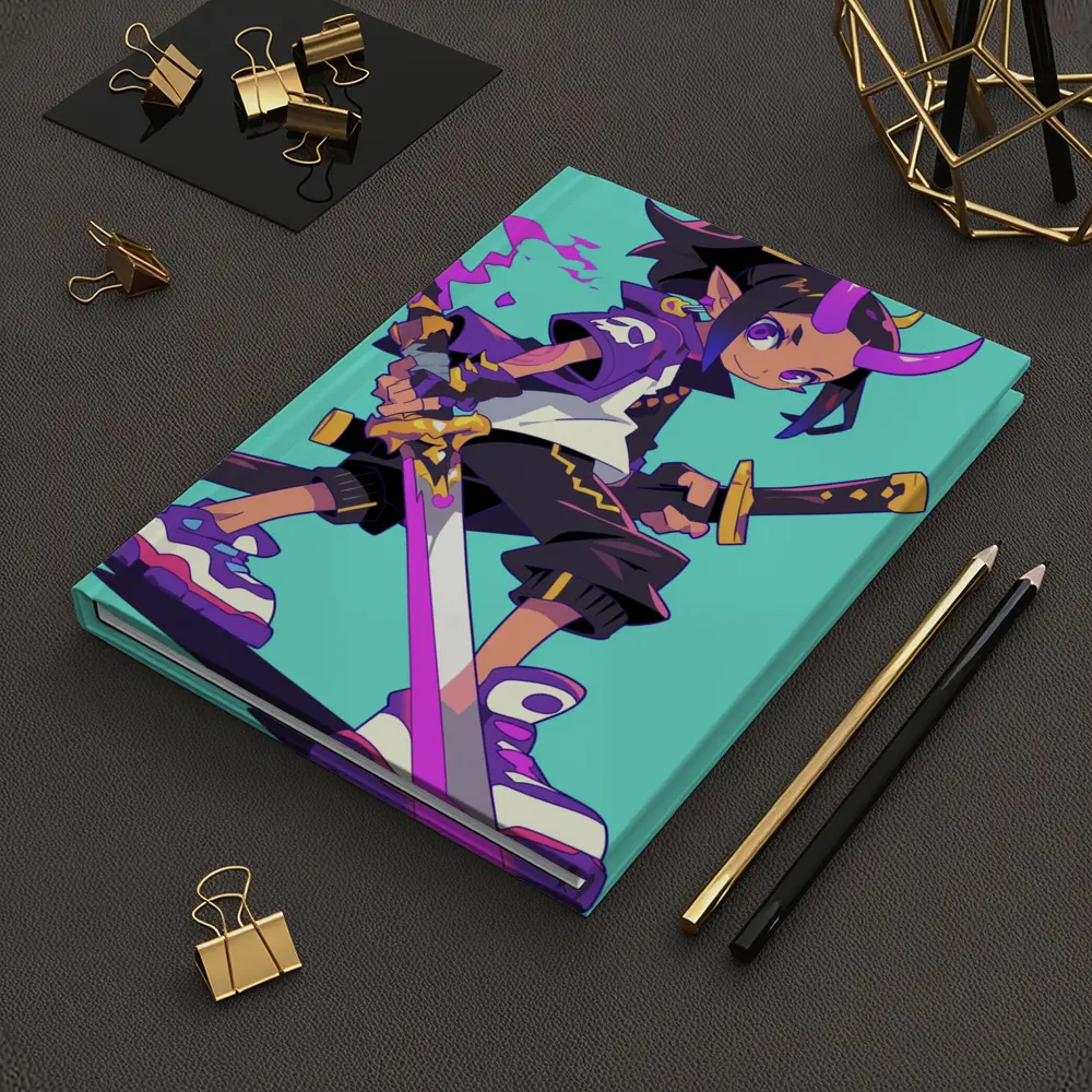 Anime Demon Girl Sword Fighter Teal Background – Notebooks